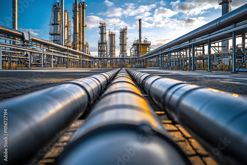 Refinery plant equipment for pump pipeline oil and gas valves pressure safety valve selective. Steel long pipes in crude oil factory during.  Rack of heat chemical manufacturing
