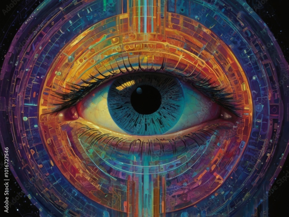 Fototapeta premium 3D rendering of a cyber eye with technology elements in the background