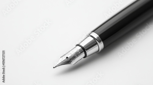 Close-up of a sleek black fountain pen on a white background, highlighting the shiny nib and elegant design. Perfect for writing enthusiasts. photo