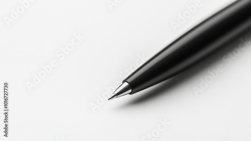 Close-up of a sleek black pen on a white background, highlighting its sharp point and elegant design. Ideal for writing and office themes.