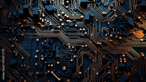 Close-up view of a complex circuit board showcasing intricate connections and glowing elements, perfect for technology innovation themes.