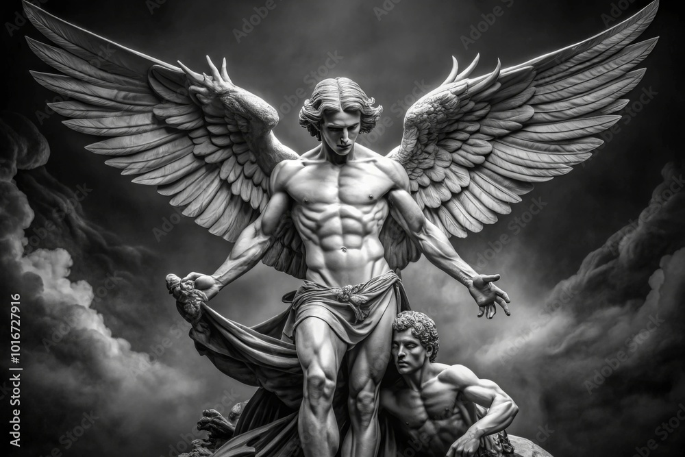 Fototapeta premium A majestic, high-fashion photograph in stark black and white, showcasing a powerful Statue of Archangel standing triumphantly over a vanquished demon, exuding an air of victorious grandeur. 