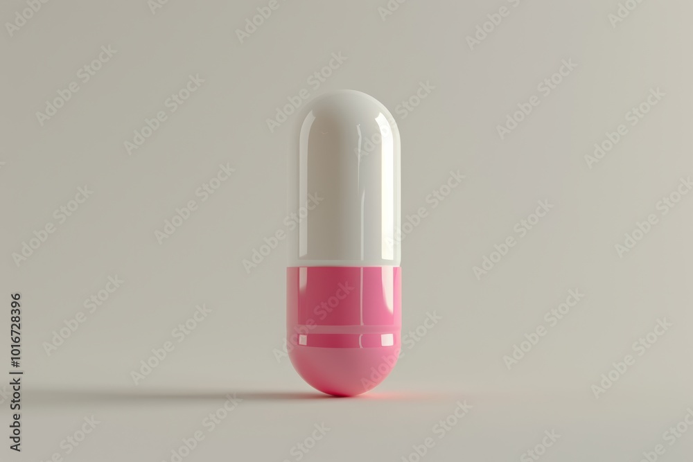A 3D mock-up rendering presents a modernist-style white and pink capsule pill against a light white background in minimalist product photography. A 3D mock-up rendering presents a modernist-style white and pink capsule pill against a light white background in minimalist product photography.