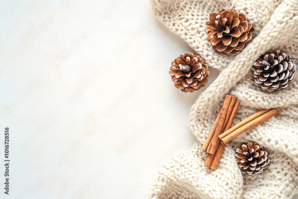 Decorative autumn concept. Yellow maple leaves, cinnamon sticks, anise pine cones, and scarf on an isolated beige background.