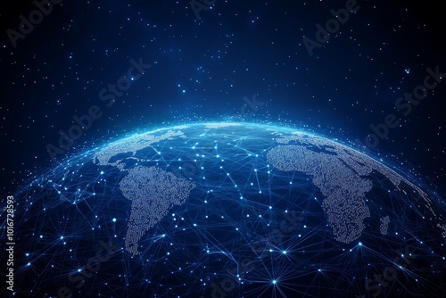 3D rendering of a glowy polygonal grid planet on dark background. Globe, international map, communication, network, earth and technology concept.