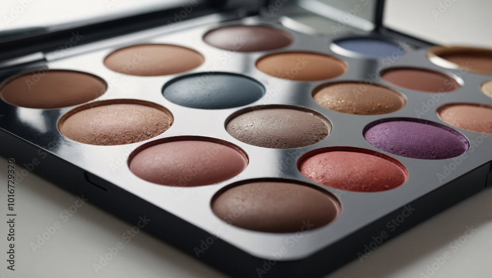 Realistic 4K mockup of a makeup palette with neutral tones, displayed on a soft white surface Realistic 4K mockup of a makeup palette with neutral tones, displayed on a soft white surface
