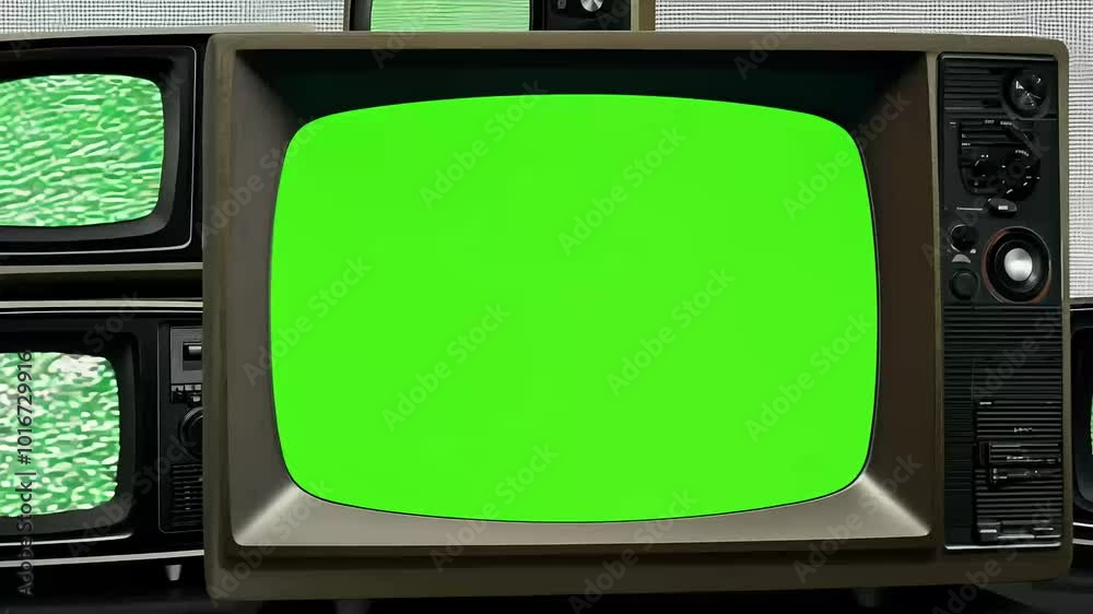 video of television stack coming life withgreen screen display engaging footage captures black white tones screens allowing replace green background desired using
