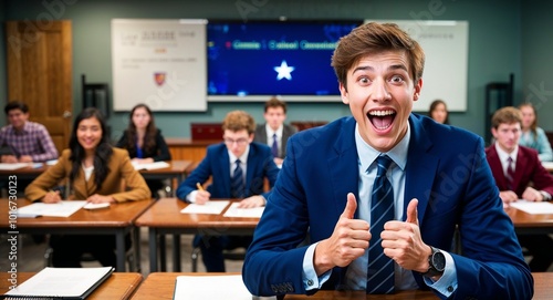 Excited Caucasian male high school student in debate room background