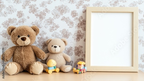 The nursery features a light wooden A4 frame mockup against a floral wallpaper, surrounded by cute teddy bears and playful toys, creating a cozy and inviting atmosphere