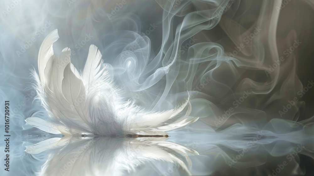 Ethereal White Feather with Delicate Smoke Swirls Creating a Dreamlike Atmosphere on Reflective Surface Ethereal White Feather with Delicate Smoke Swirls Creating a Dreamlike Atmosphere on Reflective Surface