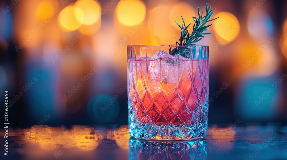 Elegant Cocktail in Crystal Glass with Herb Garnish in High-End Lounge Bar Lights Glow Elegant Cocktail in Crystal Glass with Herb Garnish in High-End Lounge Bar Lights Glow