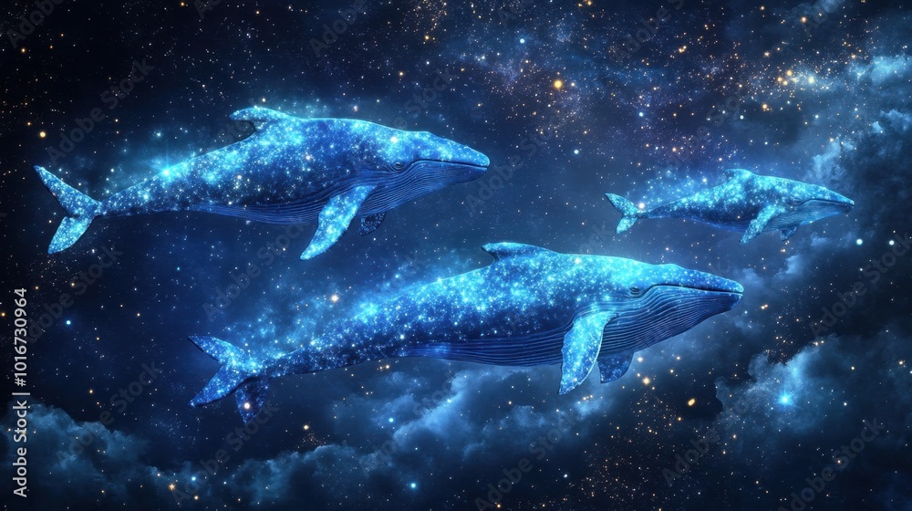Blue whales made of stars swimming through the night sky, with glowing constellations and celestial light creating a magical atmosphere Blue whales made of stars swimming through the night sky, with glowing constellations and celestial light creating a magical atmosphere