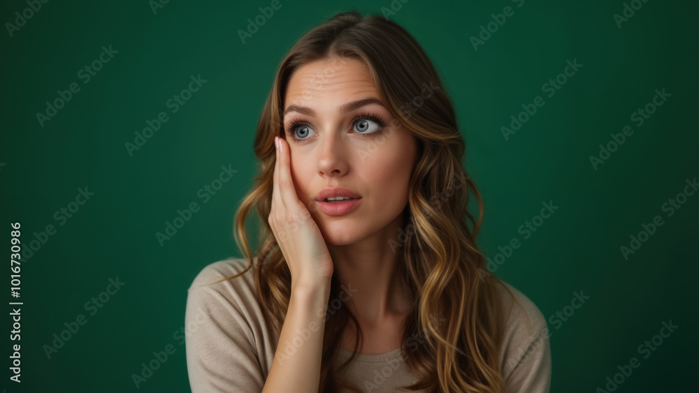 An attractive young woman with her hand held on the side of her face is if hearing surprising news. An expression of surprise, disbelief or feigning concern. Isolated against a dark green background. An attractive young woman with her hand held on the side of her face is if hearing surprising news. An expression of surprise, disbelief or feigning concern. Isolated against a dark green background.