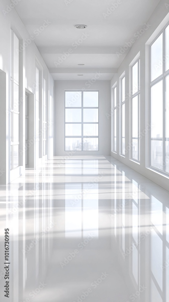 Bright and Spacious White Hallway with Glossy Reflective Surfaces and Windows Bright and Spacious White Hallway with Glossy Reflective Surfaces and Windows