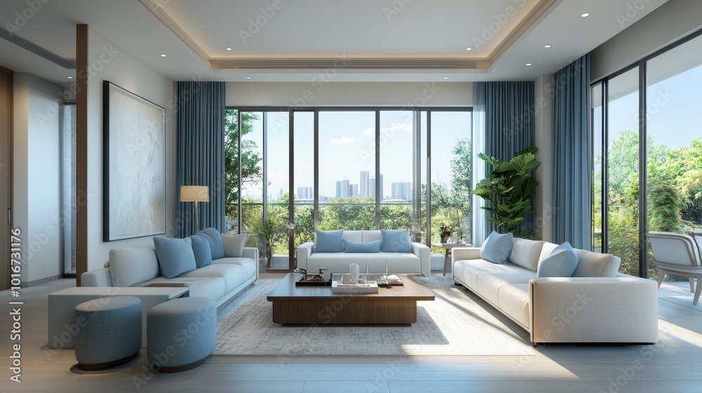 Bright, airy living room with light blue tones, sleek furniture, and generative AI enhancements, showcasing a perfect balance of design and technology Bright, airy living room with light blue tones, sleek furniture, and generative AI enhancements, showcasing a perfect balance of design and technology