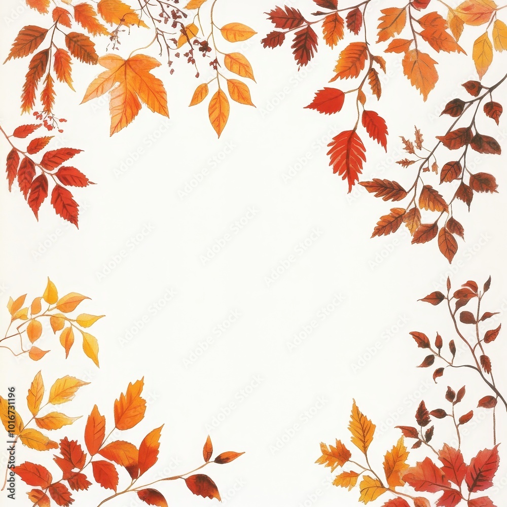 On a white background, a watercolor frame depicts leaves and branches isolated from each other. On a white background, a watercolor frame depicts leaves and branches isolated from each other.