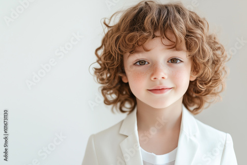 Elegant Portrait of a Smiling Child with Curly Hair in a White Blazer Against a Bright Background