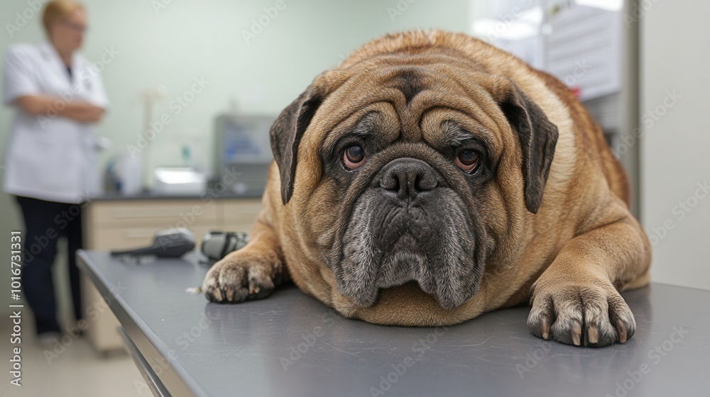Pug dog resting on examination table in veterinary clinic. Pug dog resting on examination table in veterinary clinic.