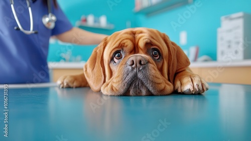 Sad dog lying on a table at the veterinarian clinic, isolated background.