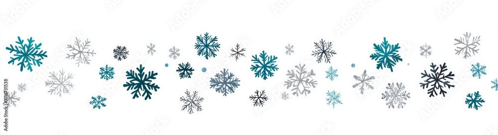 A minimal modern background with winter snowflakes. Macro snowflakes flying seamless border, holiday card with many flakes confetti. A minimal modern background with winter snowflakes. Macro snowflakes flying seamless border, holiday card with many flakes confetti.