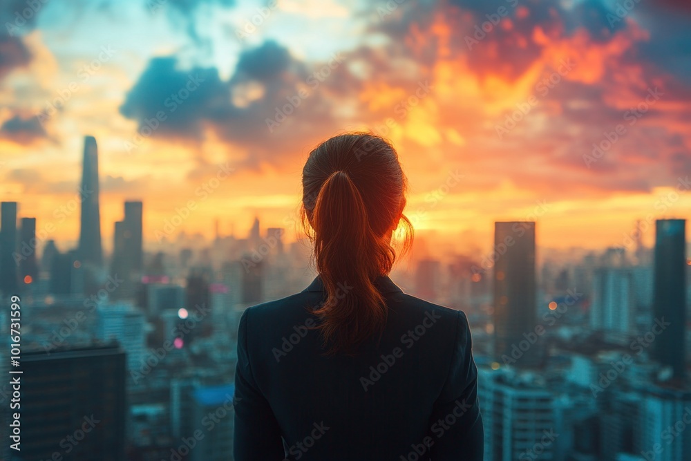Businesswoman looking at city skyline at sunset Businesswoman looking at city skyline at sunset