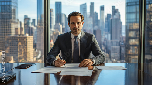 Businessman in a negotiation room, holding documents for signing a deal photo