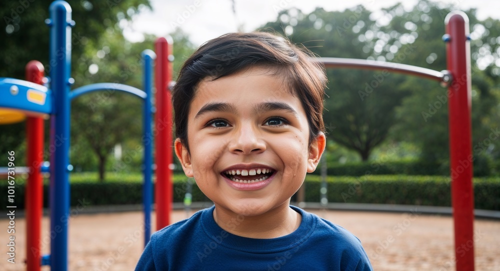 Joyful Hispanic male child in park playground pictorial Joyful Hispanic male child in park playground pictorial