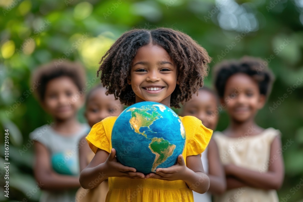 Happy young girl holding a world globe with friends in the background Happy young girl holding a world globe with friends in the background