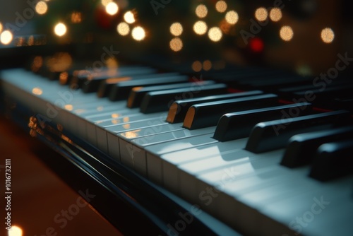 Classic grand piano keys with glowing lights, closeup