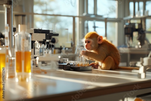 Monkey in Lab Setting Engaging with Scientific Equipment photo