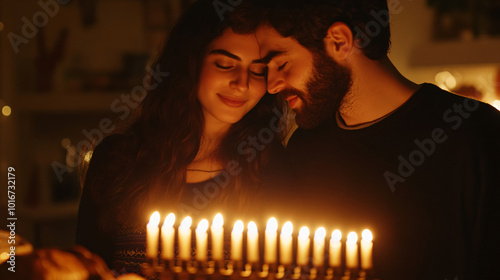 Couple lighting candles for Hanukkah