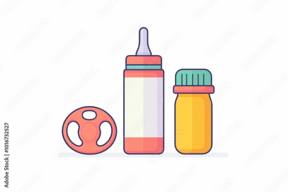 Minimalistic and modern icon set featuring a baby pacifier  bottle  and teething ring  isolated on a plain white background  These essential childcare items represent feeding  soothing