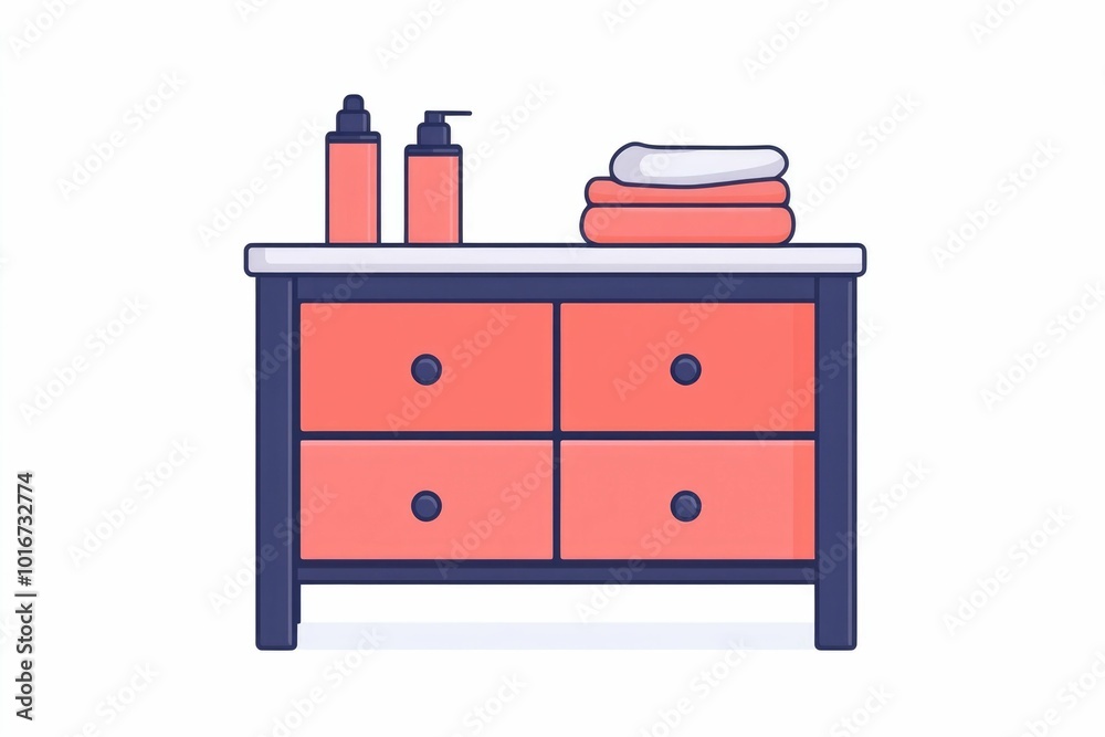 Minimalistic flat design icon depicting a baby changing table with drawers  shelves  and storage for essential items like diapers and baby wipes  all set against a clean  white background