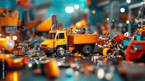 Detailed View of Metal Recycling Process with Trucks