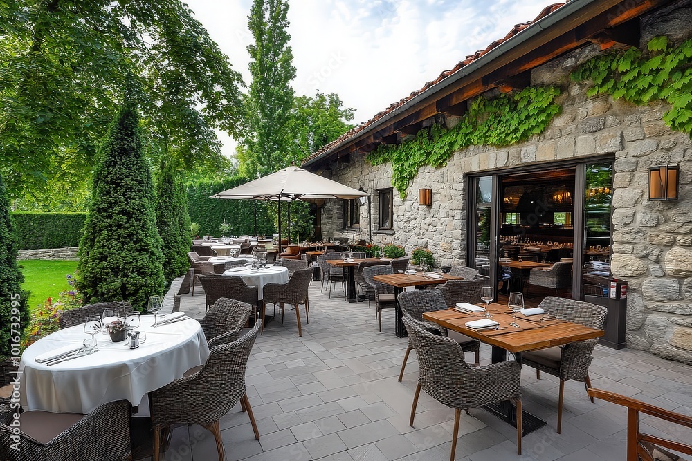 Fototapeta premium Outdoor Restaurant Patio with Stone Building