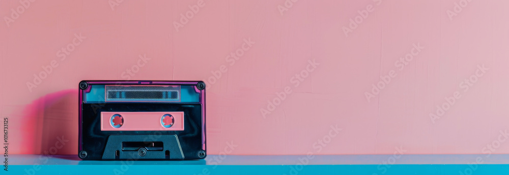 Fototapeta premium Retro cassette tape on color background with copy space