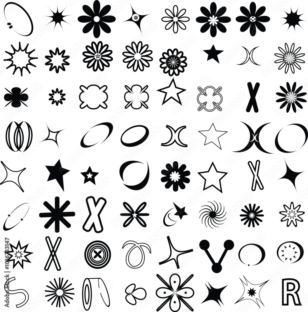 Trendy geometric brutalism Y2k elements Set for T-Shirt and logo design. Contains Retro futuristic elements and sparkle. Trendy geometric brutalism Y2k elements Set for T-Shirt and logo design. Contains Retro futuristic elements and sparkle.