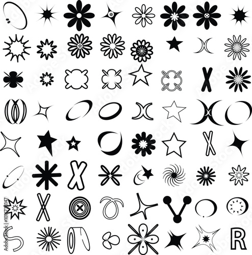 Trendy geometric brutalism Y2k elements Set for T-Shirt and logo design. Contains Retro futuristic elements and sparkle.