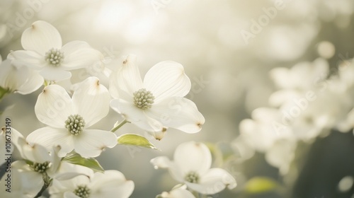 Close-up of blooming dogwood tree flowers, with clusters of white petals creating a serene, springtime atmosphere in a lush garden setting