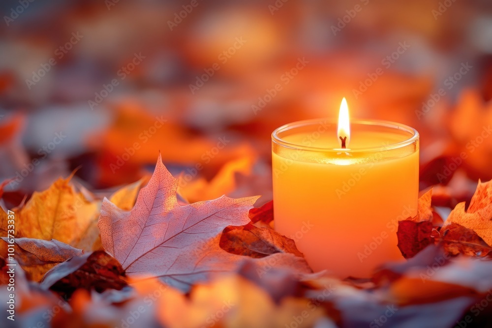 seasonal decor, a chic candle illuminating autumn leaves, creating a cozy seasonal ambiance in the room seasonal decor, a chic candle illuminating autumn leaves, creating a cozy seasonal ambiance in the room
