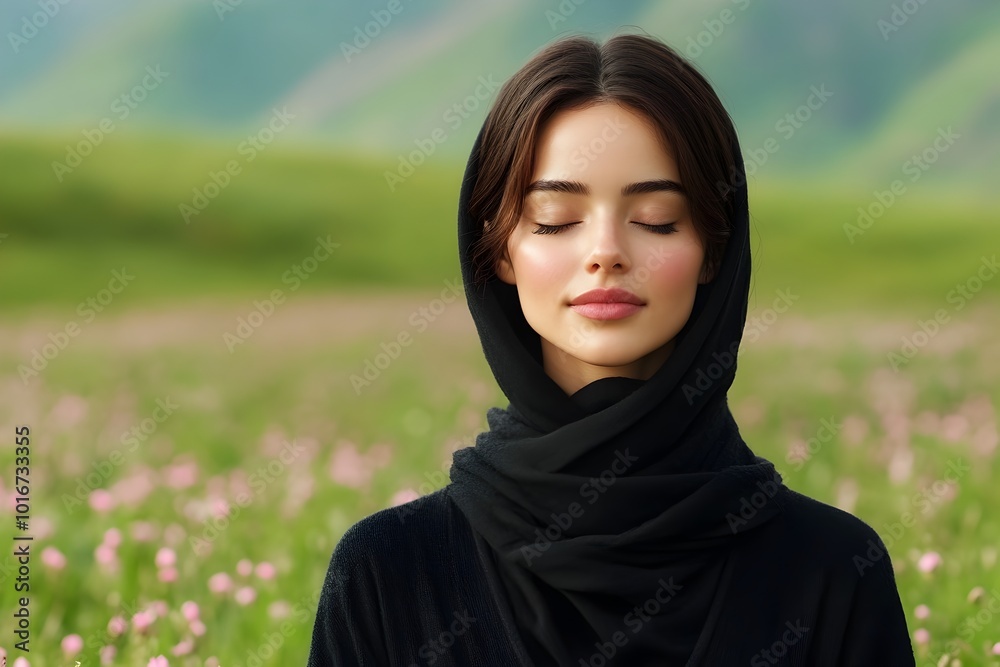 Middle Eastern Woman in Meditative Pose Amid Spring Flowers and Nature Middle Eastern Woman in Meditative Pose Amid Spring Flowers and Nature