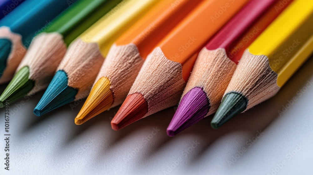 Close-up of colored pencils in a rainbow of hues, placed neatly on a white background, highlighting the vivid colors and sharp points Close-up of colored pencils in a rainbow of hues, placed neatly on a white background, highlighting the vivid colors and sharp points