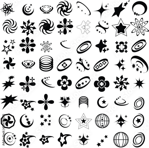 Trendy geometric brutalism Y2k elements Set for T-Shirt and logo design. Contains Retro futuristic elements and sparkle.