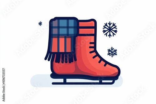 Minimalist icon depicting ice skating gear including a skate scarf and snowflakes isolated on a clean white background perfect for winter and cold weather design projects