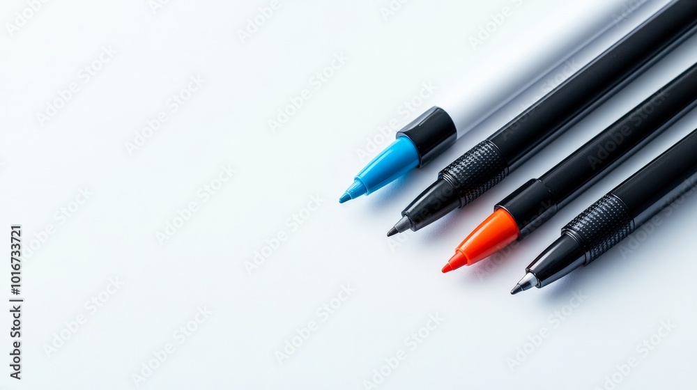 Colorful pens in blue, red, and black arranged diagonally on a white background, providing a vibrant artistic concept for creativity and design. Colorful pens in blue, red, and black arranged diagonally on a white background, providing a vibrant artistic concept for creativity and design.