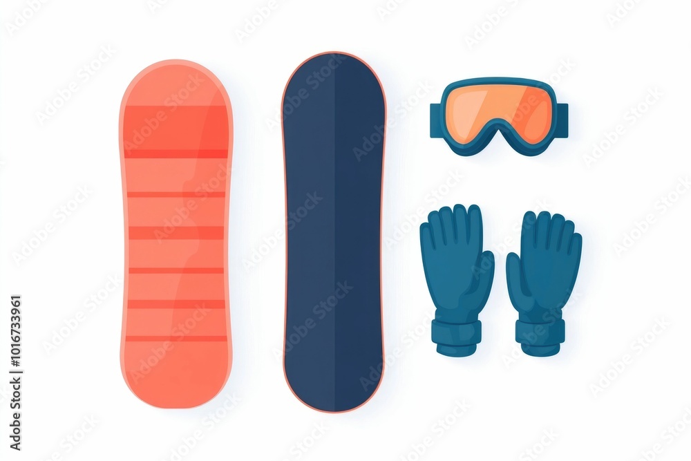icons depicting a snowboard  pair of winter gloves  and ski goggles in a clean  flat design style  isolated against a plain white background  Representing winter sports  outdoor recreation