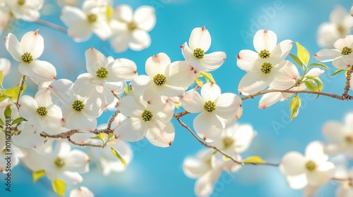 Clusters of white dogwood flowers blooming on the branches of a tree, set against a bright blue sky, highlighting nature beauty in spring