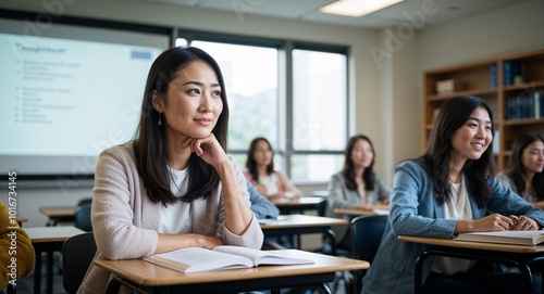 Thoughtful Asian female young adult graduate student in classroom setting