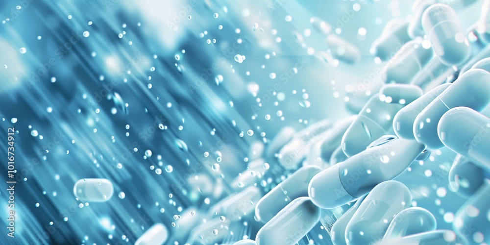 Aabstract background with pills and drugs and blurred backdrop in blue tones, smooth texture, soft gradients, minimalistic design.