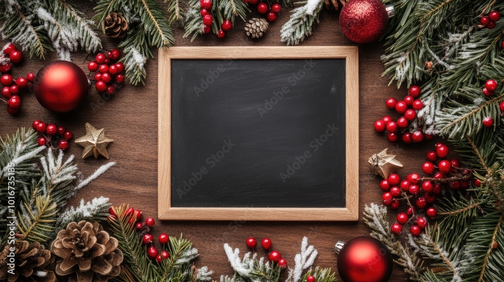 This blackboard is elegantly surrounded by Christmas decorations in a red wooden frame, featuring mistletoe, pine cones, and holly, providing a lovely backdrop for festive messages This blackboard is elegantly surrounded by Christmas decorations in a red wooden frame, featuring mistletoe, pine cones, and holly, providing a lovely backdrop for festive messages